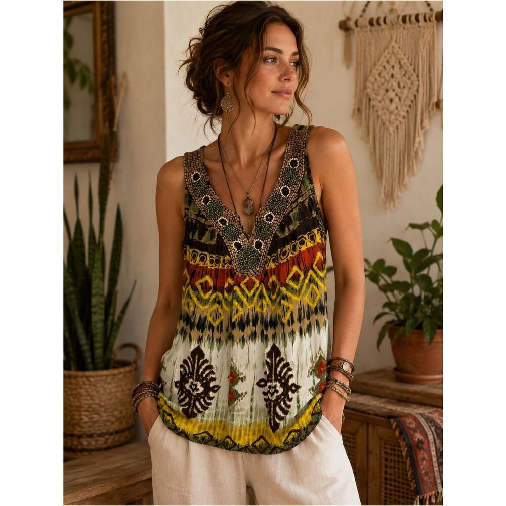Dressbarn Brown Yellow Earth Tones Beaded Boho Tank Top Sz S Boho Fairy Tropical